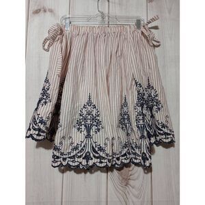 Main Strip Shirt Ladies Small Tan Blue Embroidered Bell Sleeve Off‎ the Shoulder